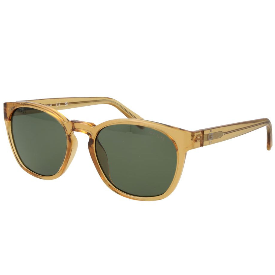 Black sunglasses with gold accents on a white background