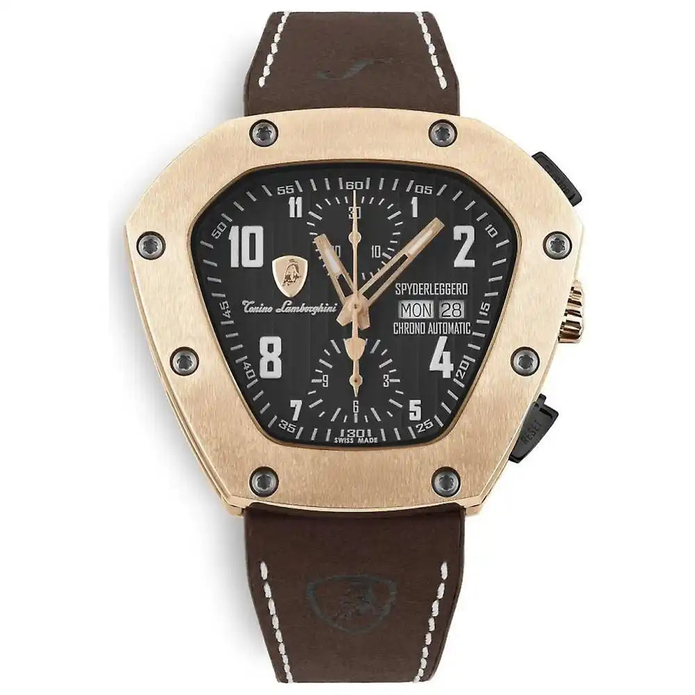 Lamborghini Luxury watch with brown leather strap and black dial on a white background