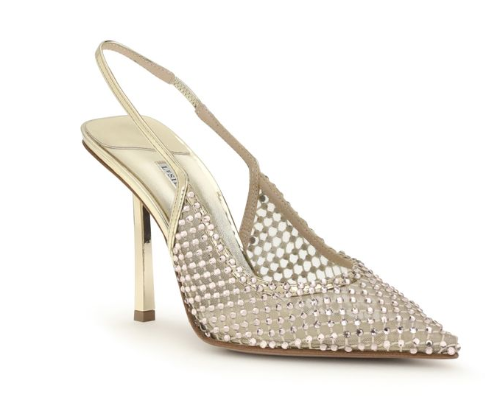 Silver stiletto heel shoe with mesh design on a white background