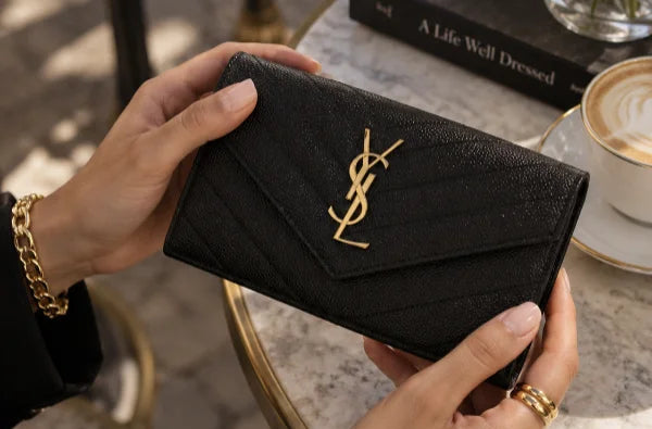 A person holds a black quilted leather clutch wallet with a gold-tone YSL monogram logo, set against a lifestyle background of a marble table, coffee cup, and books.